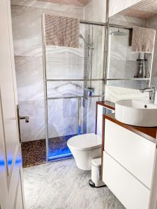 a bathroom with a shower and a toilet and a sink at Open Sky, Apartamento con solárium privado y barbacoa in El Vendrell