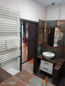 a bathroom with a sink and a mirror at Uroczy Apartament Długie Ogrody 48 in Gdańsk +19 photos