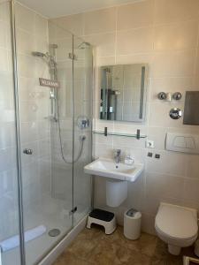 uma casa de banho com um chuveiro, um lavatório e um WC. em Ferienwohnung Carpe Diem - a89500 em Walchensee