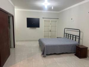 - une chambre avec un lit et une télévision à écran plat dans l'établissement Chácara Aloés - suíte com ar cond banheira hidromassagem, à Socorro
