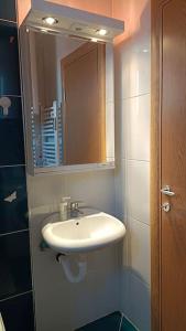 een badkamer met een wastafel en een spiegel bij Apartmani Beograd - Light Oasis in Belgrado