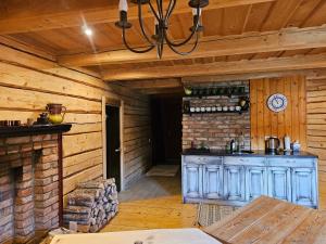a kitchen in a log cabin with a fireplace at Ziedu pirts in Auciems