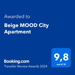 a screenshot of a phone with the text awarded to bee mood city apartment at Beige MOOD City Apartment in Wrocław