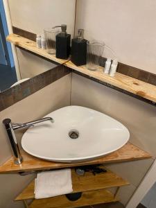 a white sink on a wooden shelf in a bathroom at Stella House in Crevalcore