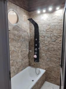 a shower in a bathroom with a stone wall at Sueño de Termas in Termas de Río Hondo
