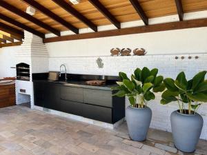 uma cozinha com dois vasos grandes com plantas em Linda casa em Barra do Una em São Sebastião