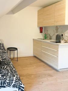 een keuken met een bed en een wastafel in een kamer bij Luxury Stylish studio Flat +spacious Bathroom-no 6 in Leicester