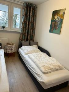 ein Bett in einem Schlafzimmer mit einem Bild an der Wand in der Unterkunft Apartament nad Wdą in Świecie