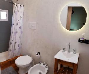 een badkamer met een toilet, een wastafel en een spiegel bij Malvón in Cafayate