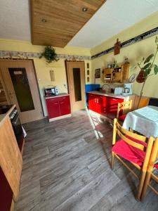 a kitchen with red cabinets and a table in a room at Pfefferberg in Ziegenrück