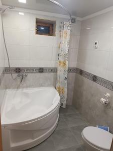 ein Badezimmer mit einem weißen WC und einer Dusche in der Unterkunft Khiva Ibrohim Guest House in Xiva