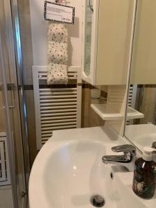 ein Badezimmer mit einem weißen Waschbecken und einem Spiegel in der Unterkunft Villa Orsini in Tor Vergata