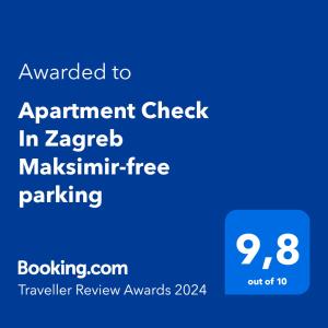 Vottorð, verðlaun, skilti eða annað skjal til sýnis á Apartment Check In Zagreb Maksimir-free parking