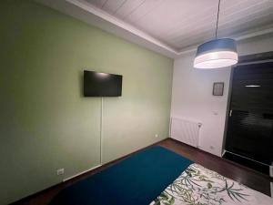 a room with a green wall with a flat screen tv at De Tussenstop in Villefranche-sur-Saône