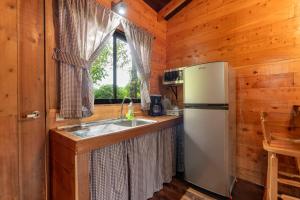 a kitchen with a refrigerator and a sink in a cabin at Cabaña El Manzano: Vistas increíbles y Mirador in Turrialba