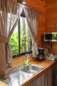 um balcão de cozinha com um lavatório e uma janela em Cabaña El Manzano: Vistas increíbles y Mirador em Turrialba