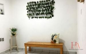 a bench in a room with a plant hanging on the wall at Hospedaje Aldana - Casa LA VISTA en zona verde in Tuxpan de Rodríguez Cano