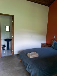 um quarto com uma cama azul e um espelho em Fazenda Piloes em Itaipava