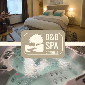 Habitación de hotel con cama y bañera de hidromasaje en B&B SPA CITADELLE, en Namur