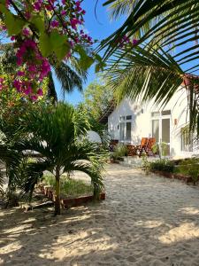 a house with a palm tree and pink flowers at Robinson Beach Bungalow in Vinh Hoa