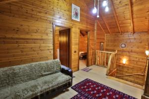 a living room with a couch and wooden walls at Shtepia Tradites Gjinar in Elbasan