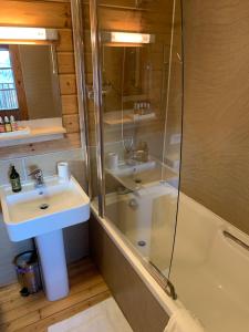 a bathroom with a shower and a sink and a tub at Horsey Reach Lodge in Stanley