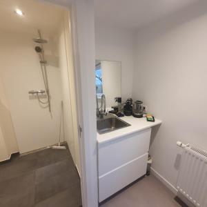uma cozinha branca com um lavatório e um chuveiro em Zelfstandig gastenverblijf in het groene Haren nabij Groningen em Haren