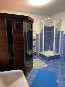 a bathroom with a shower with a blue tiled floor at Prázdninové byty u kamaráta in Habovka