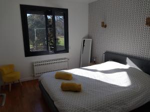 a bedroom with a bed with two yellow pillows on it at Les Pics Verts in Annecy