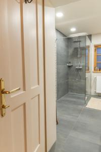 baño con ducha y puerta de cristal en Modernes Apartment in altem Bauernhaus en Aflenz Kurort
