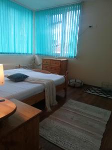 a bedroom with two beds and a window with blue curtains at Апартамент ВалАнди in Samokov
