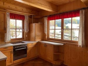 a kitchen with wooden cabinets and windows in a cabin at Pichelhütte in Murau