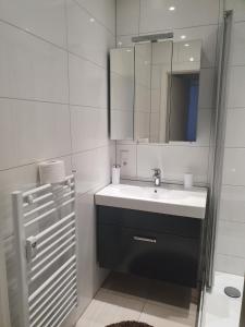 een witte badkamer met een wastafel en een spiegel bij Ferienwohnung/Montagewohnung 2 in Bad Driburg