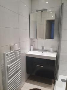 ein weißes Badezimmer mit Waschbecken und Spiegel in der Unterkunft Ferienwohnung/Montagewohnung 2 in Bad Driburg