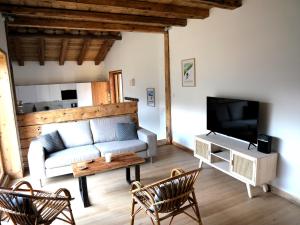 a living room with a couch and a tv at La ferme d'Hauteluce - Chalets in Hauteluce