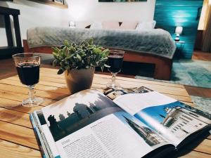 a coffee table with a book and two glasses of wine at Onefourfour Apartment in Brandýs nad Labem-Stará Boleslav