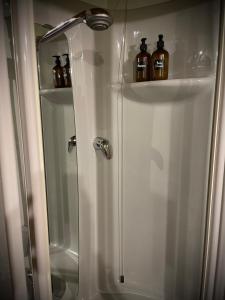 un bagno con doccia e 2 bottiglie di alcol di Villa Contrà Facci - Strada 52 gallerie del Pasubio a Schio