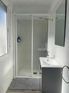 a bathroom with a glass shower and a sink at Apartamento El Castell in Alaquas