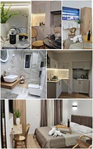 een collage van foto's van een hotelkamer bij Bllok Scandi Urban Apartments 1 in Tirana