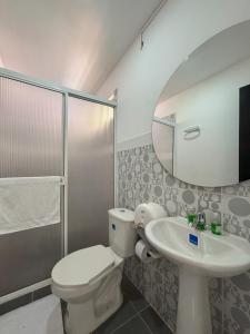 ein Badezimmer mit einem WC, einem Waschbecken und einem Spiegel in der Unterkunft Monte Paz Finca Hotel in Montenegro