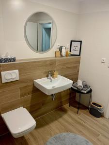 a bathroom with a sink and a toilet and a mirror at Apartmán pod Tatrami in Poprad