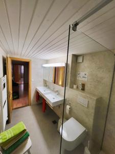 a bathroom with a sink and a mirror at Chalet Lilo 4 Zimmer big View in Beatenberg