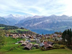 an aerial view of a village with a lake and mountains at Chalet Lilo 4 Zimmer big View in Beatenberg