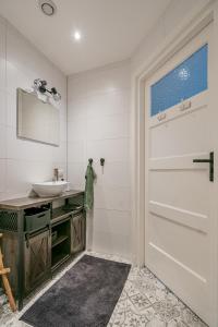 een badkamer met een wastafel en een schuifdeur bij Klooster Achthuizen in Achthuizen