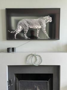 a picture of a cheetah walking over a fireplace at Maison Exceptionnelle ! Vue tour Eiffel et Paris in Suresnes