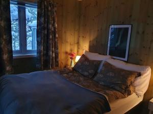Tranøya的住宿－Drømmehytta på Senja，卧室配有一张床铺,墙上配有电视
