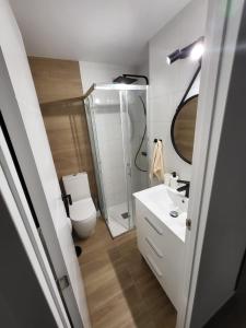 ein Badezimmer mit Toilette, Waschbecken und Spiegel in der Unterkunft Sea View Luxury Apartment Victoria in Torrevieja + 37 Fotos