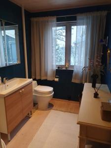 une salle de bain avec toilettes, lavabo et fenêtre dans l'établissement Drømmehytta på Senja, à Tranøya