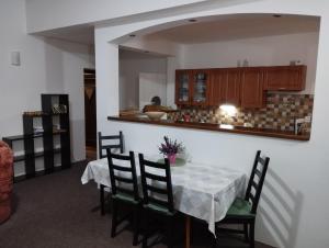 a dining room with a table and chairs and a kitchen at Apartmány Česká Škola in Lipová