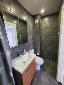 a bathroom with a sink and a toilet and a mirror at Budget Hotel Tourist Inn in Arnavutköy